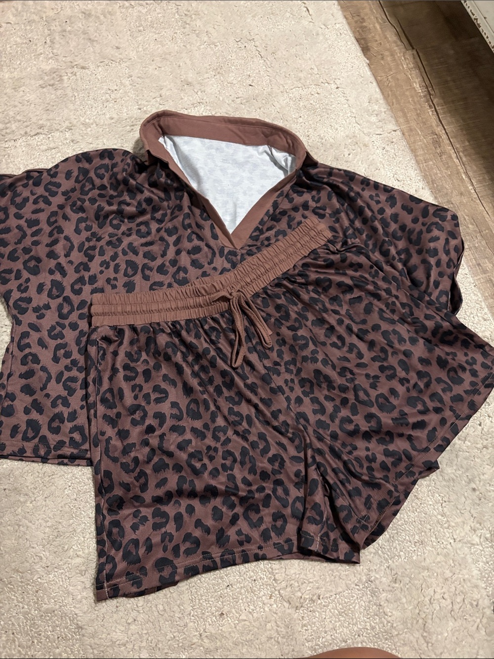 Brown Leopard Print Loungewear Set - Top & Shorts